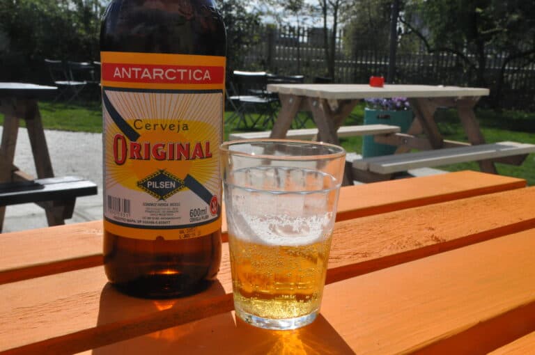 A bottle of Brazilian Original beer with a glass on the bar.