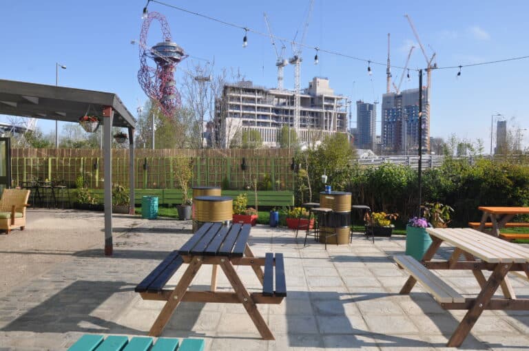 The beer garden looking out over the Olympic Park Orbit and skyline.